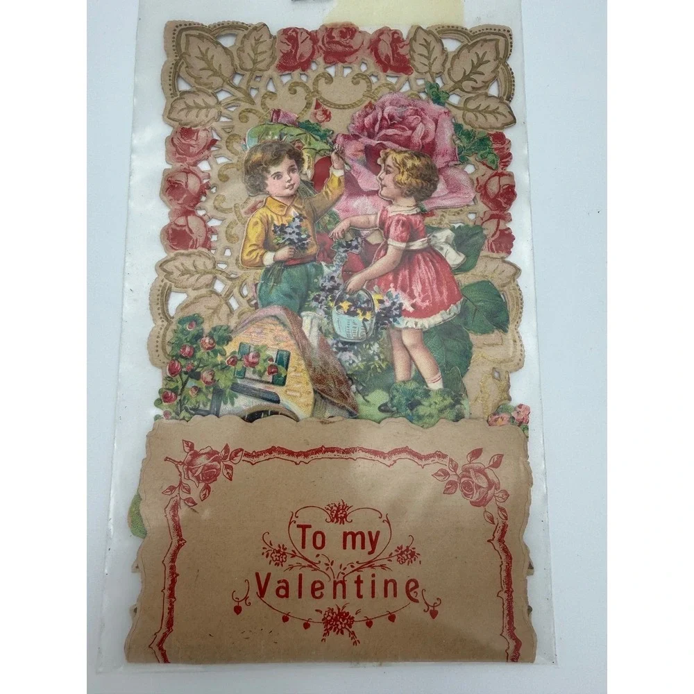 Antique Victorian Mechanical Valentine Card Die Cut Lace‎ Germany c1900 Pull Tab
